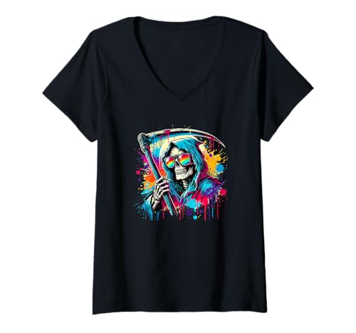 Damen Splash Art Sensenmann Sonnenbrille Halloween Geist Tod T-Shirt mit V-Ausschnitt Damen Splash Art Sensenmann Sonnenbrille Halloween Geist Tod T-Shirt mit V-Ausschnitt von Haunted Spooky Halloween Gifts
