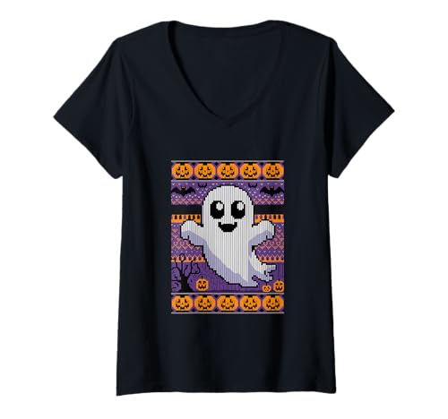 Damen Halloween Hässlich Jacke Stil Geist T-Shirt mit V-Ausschnitt Damen Halloween Hässlich Jacke Stil Geist T-Shirt mit V-Ausschnitt von Haunted Spooky Halloween