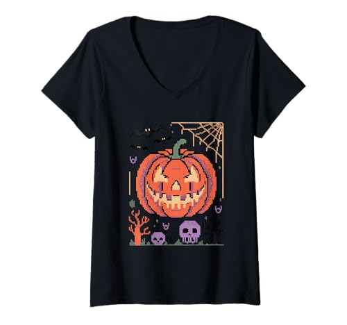 Damen Halloween Hässliche Jacke Stil Kürbis T-Shirt mit V-Ausschnitt Damen Halloween Hässliche Jacke Stil Kürbis T-Shirt mit V-Ausschnitt von Haunted Spooky Halloween