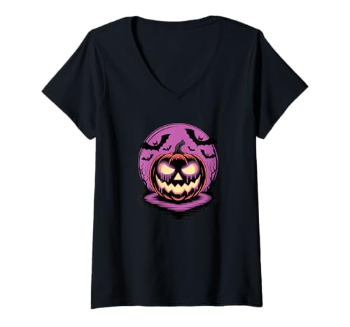 Damen Halloween Kürbis Gruselige Saison Fledermäuse T-Shirt mit V-Ausschnitt Damen Halloween Kürbis Gruselige Saison Fledermäuse T-Shirt mit V-Ausschnitt von Haunted Spooky Halloween