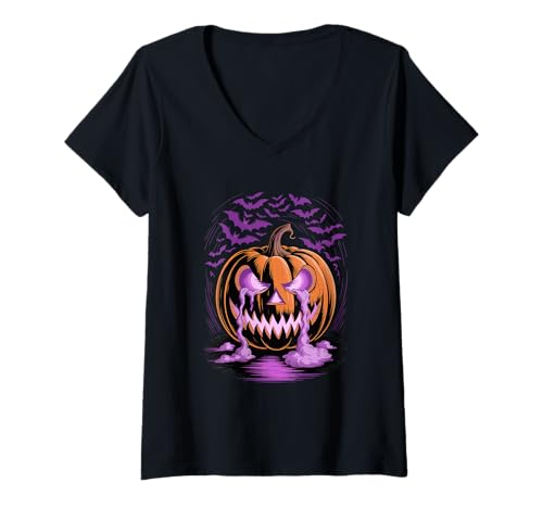 Damen Halloween Kürbis Gruselige Saison Fledermäuse T-Shirt mit V-Ausschnitt Damen Halloween Kürbis Gruselige Saison Fledermäuse T-Shirt mit V-Ausschnitt von Haunted Spooky Halloween