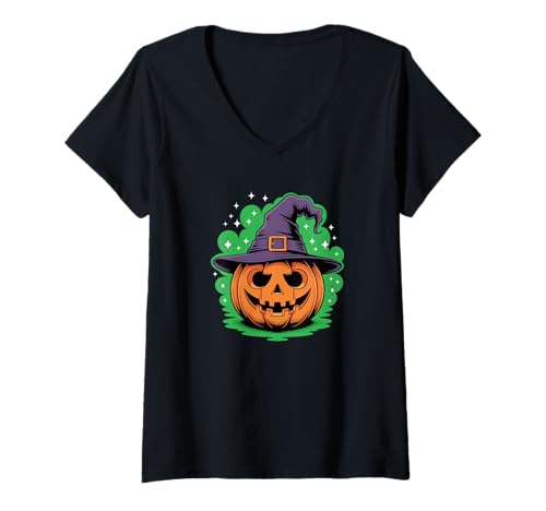 Damen Halloween Kürbis Hexenhut Gruselige Saison T-Shirt mit V-Ausschnitt Damen Halloween Kürbis Hexenhut Gruselige Saison T-Shirt mit V-Ausschnitt von Haunted Spooky Halloween