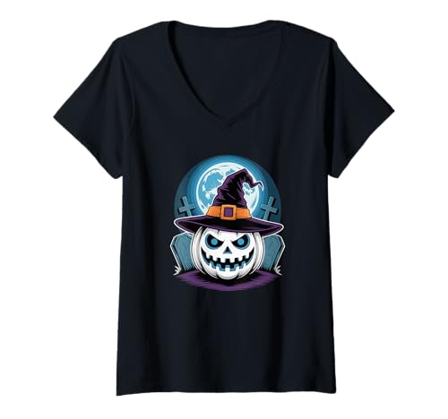 Damen Halloween Kürbislaterne Kürbis Hexenhut Gruselige Saison T-Shirt mit V-Ausschnitt Damen Halloween Kürbislaterne Kürbis Hexenhut Gruselige Saison T-Shirt mit V-Ausschnitt von Haunted Spooky Halloween