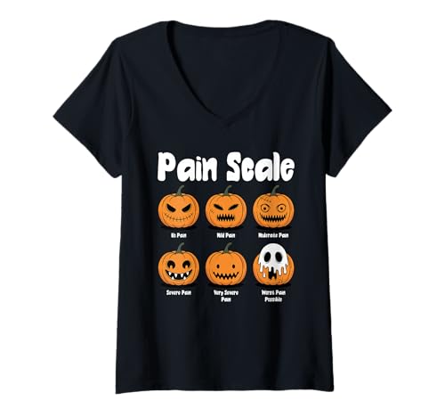 Damen Halloween Schmerz Skala Kürbis Triage T-Shirt mit V-Ausschnitt Damen Halloween Schmerz Skala Kürbis Triage T-Shirt mit V-Ausschnitt von Haunted Spooky Halloween