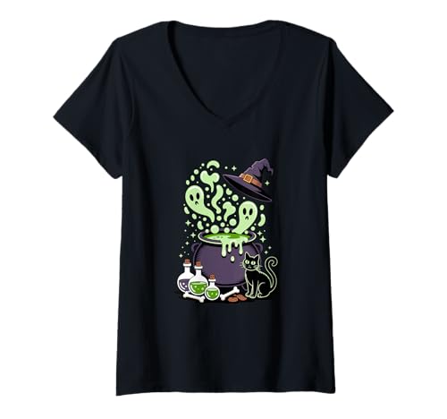 Damen Halloween Trank Hexenhut Kessel Hexerei T-Shirt mit V-Ausschnitt Damen Halloween Trank Hexenhut Kessel Hexerei T-Shirt mit V-Ausschnitt von Haunted Spooky Halloween