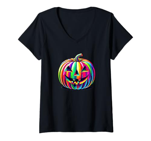 Damen Paint Art Kürbis Halloween Kürbislaterne T-Shirt mit V-Ausschnitt Damen Paint Art Kürbis Halloween Kürbislaterne T-Shirt mit V-Ausschnitt von Haunted Spooky Halloween