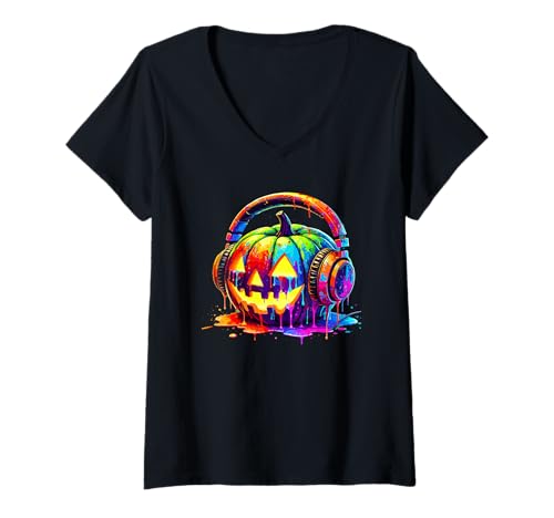 Damen Splash Art Kürbis Halloween Kürbislaterne Kopfhörer T-Shirt mit V-Ausschnitt Damen Splash Art Kürbis Halloween Kürbislaterne Kopfhörer T-Shirt mit V-Ausschnitt von Haunted Spooky Halloween