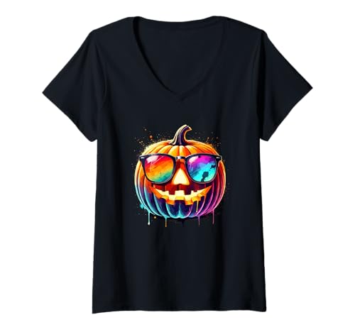Damen Splash Art Kürbis Halloween Kürbislaterne Sonnenbrille T-Shirt mit V-Ausschnitt Damen Splash Art Kürbis Halloween Kürbislaterne Sonnenbrille T-Shirt mit V-Ausschnitt von Haunted Spooky Halloween
