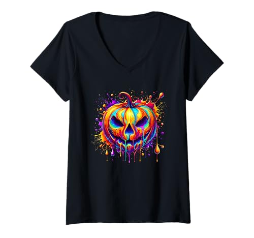 Damen Splash Art Kürbis Halloween T-Shirt mit V-Ausschnitt Damen Splash Art Kürbis Halloween T-Shirt mit V-Ausschnitt von Haunted Spooky Halloween