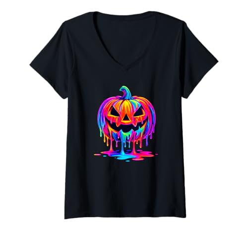Damen Tropfende Farbe Kunst Kürbis Halloween T-Shirt mit V-Ausschnitt Damen Tropfende Farbe Kunst Kürbis Halloween T-Shirt mit V-Ausschnitt von Haunted Spooky Halloween