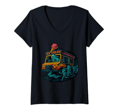 Damen Gruseliges Geist-Eiscreme-Truck-Kunstwerk T-Shirt mit V-Ausschnitt Damen Gruseliges Geist-Eiscreme-Truck-Kunstwerk T-Shirt mit V-Ausschnitt von Haunted Sweets Studio