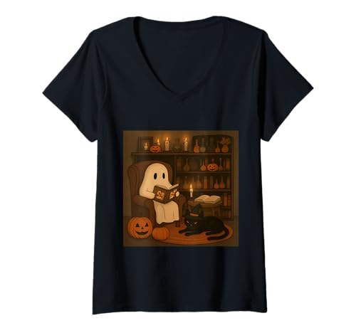 Damen Gemütlicher Lesegeist mit schwarzer Katze und Kürbissen T-Shirt mit V-Ausschnitt Damen Gemütlicher Lesegeist mit schwarzer Katze und Kürbissen T-Shirt mit V-Ausschnitt von Haunted Tales Co.