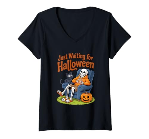 Damen Ich warte nur auf den Halloween-Countdown Spooky Skeleton Summer T-Shirt mit V-Ausschnitt Damen Ich warte nur auf den Halloween-Countdown Spooky Skeleton Summer T-Shirt mit V-Ausschnitt von Haunted Whimsy