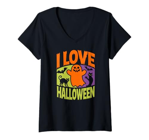 Damen Ich Liebe Halloween Ghostly Cats Fledermäuse Spaß T-Shirt mit V-Ausschnitt von Haunting Ghosts Bats Cats Festive