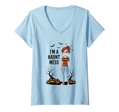 Damen I'm A Haunt Mess Halloween-Vibes T-Shirt mit V-Ausschnitt von Haunting Style Halloween Fun Apparel