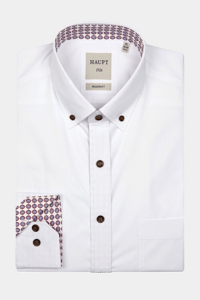 Haupt Langarmhemd Haupt Modern Fit Langarm Herrenhemd in White und Kontrast Print von Haupt