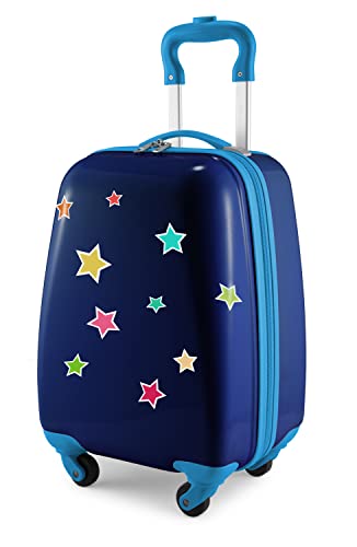 Hauptstadtkoffer - for Kids - Kindergepäck + Reflektierende Aufkleber Sterne, Kinderkoffer, Hartschalenkoffer, Reise Trolley für Kinder, Handgepäck, 24 Liter, Dunkelblau von Hauptstadtkoffer