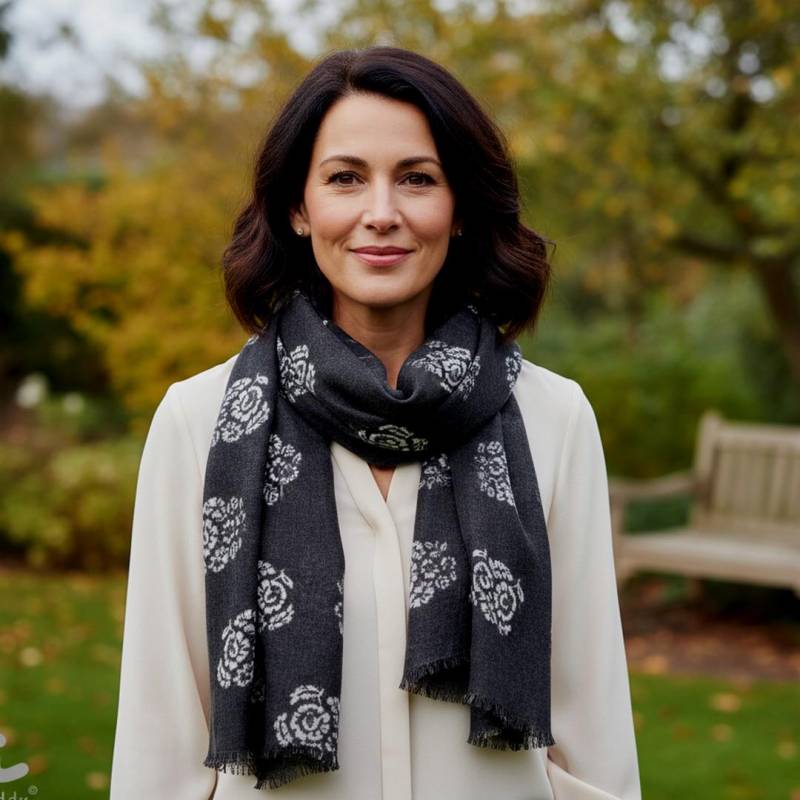 Feiner Schal Aus Wolle Mit Blumen Schwarz Weiß Abendschal 80 X 200 cm von HausNr22Shop