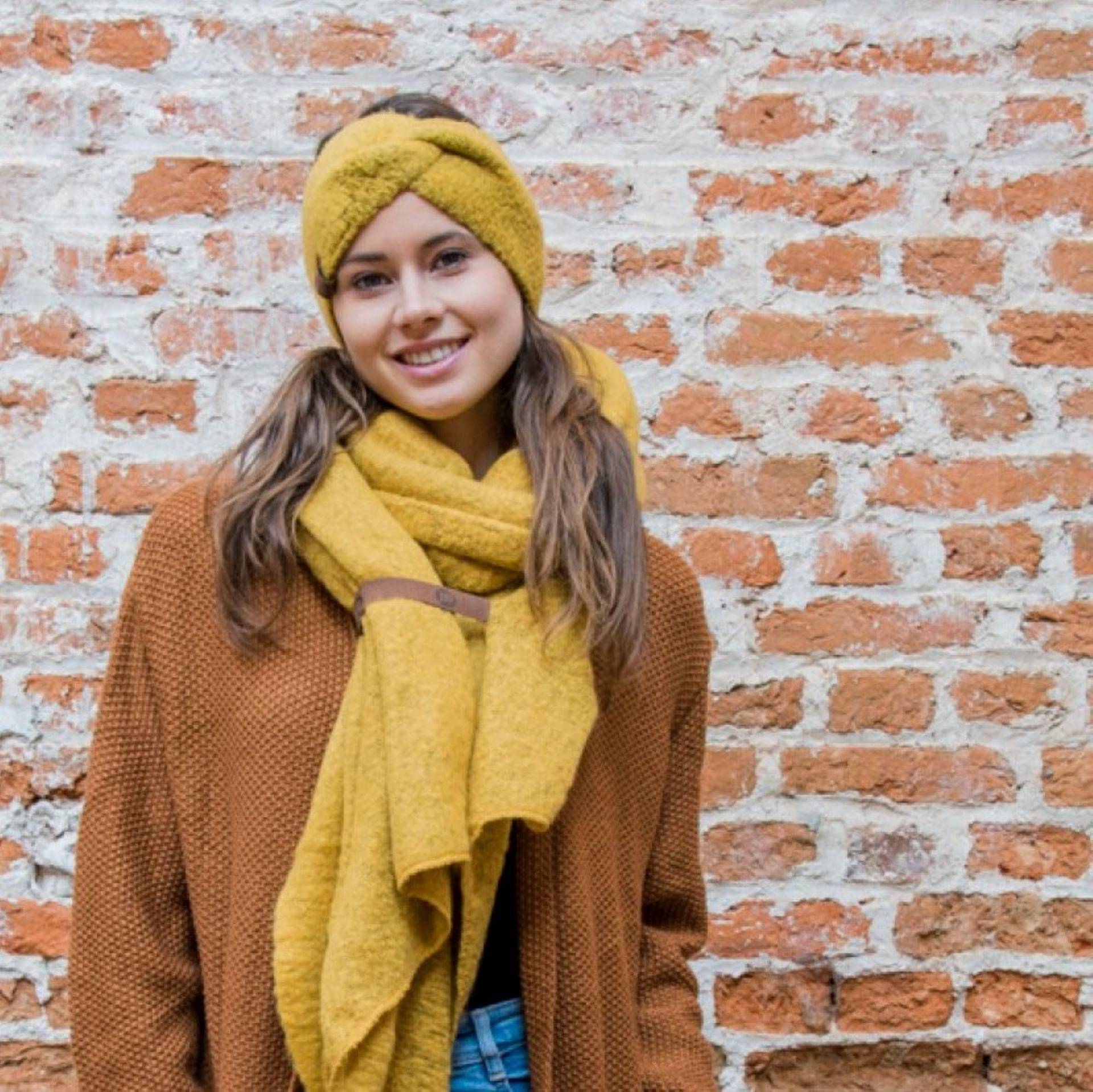 Schal + Stirnband Set Fleece Gelb Winter Wickelschal von HausNr22Shop