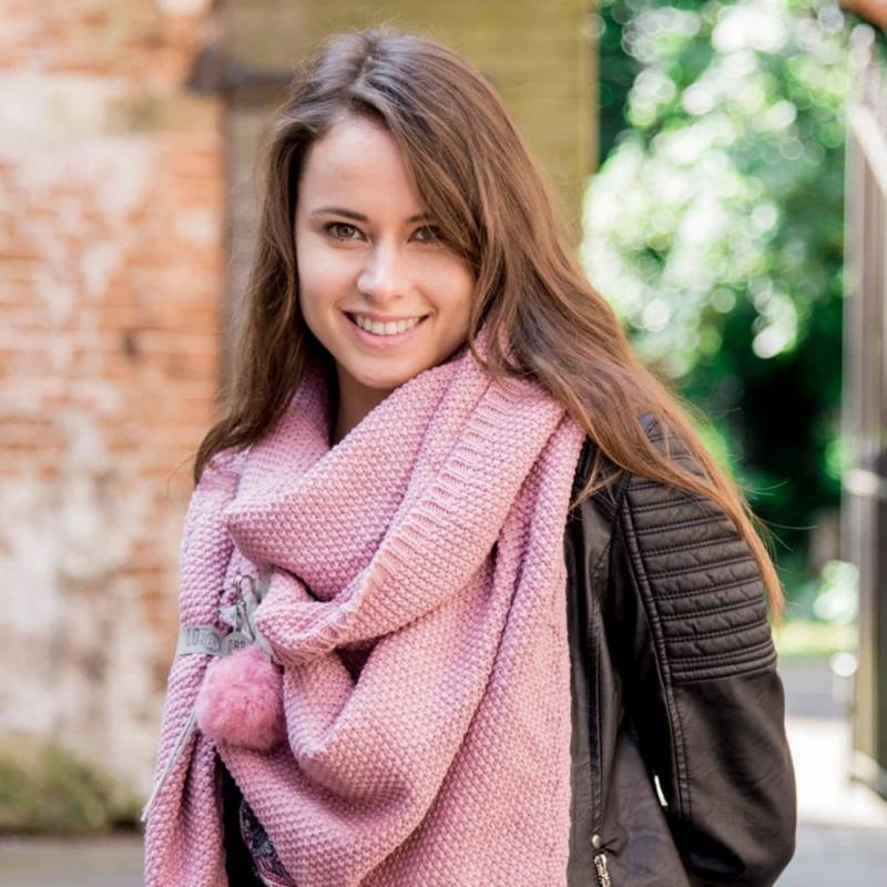 Strickschal Jo Uni 3-Eckig Damen Stola Rosa Mit Pompons Und Kunst -Lederdetail von HausNr22Shop