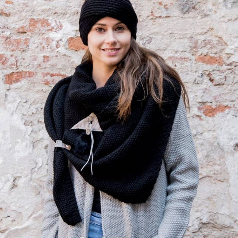 Strickschal Jo Uni 3-Eckig Damen Stola Schwarz Mit Pompons von HausNr22Shop