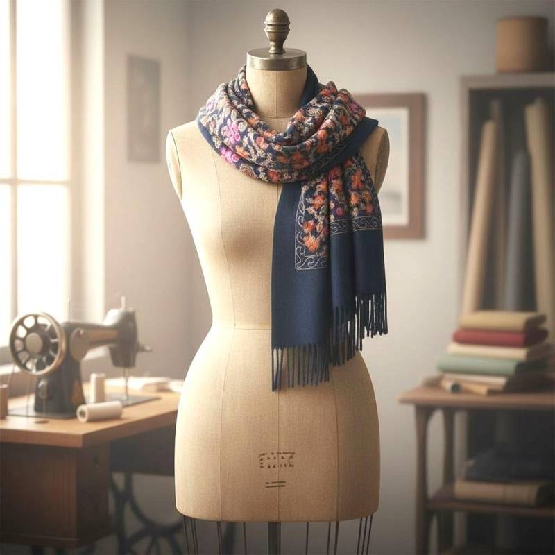 Warme Elegante Blaue Stola Langer Blumen Schal Mit Wolle von HausNr22Shop