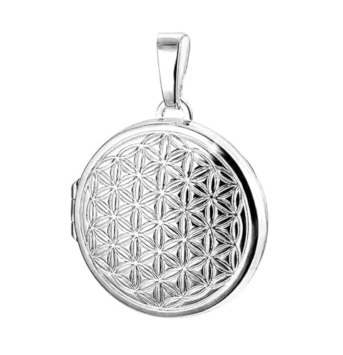 Medaillon Blume des Lebens hochglanz verziert rund 925 Sterling Silber zum öffnen für Bildereinlage 2 Fotos Amulett Verzierung von Haus der Herzen® mit Schmuck-Etui von HausderHerzen