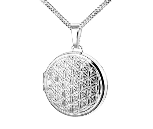 Medaillon Lebensblume teilmattiert verziert rund 925 Sterling Silber zum öffnen für Bildereinlage 2 Fotos Amulett Verzierung von Haus der Herzen® + Kette mit Schmuck-Etui von HausderHerzen