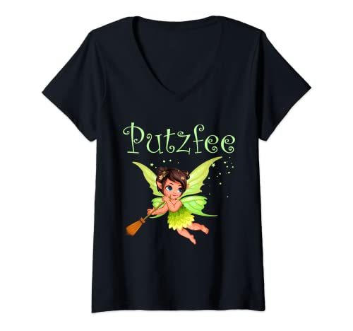 Damen Süße Putzfee Haushaltshilfe Putzfrau Reinigungsdame Putzen T-Shirt mit V-Ausschnitt von Hausfrau Putzkraft Putzfrau Reinigungskraft Besen