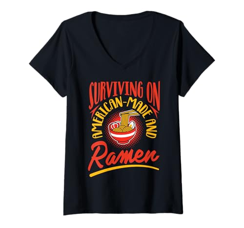 Damen Überleben auf amerikanischem Made… und Ramen T-Shirt mit V-Ausschnitt Damen Überleben auf amerikanischem Made… und Ramen T-Shirt mit V-Ausschnitt von Haushaltsleben