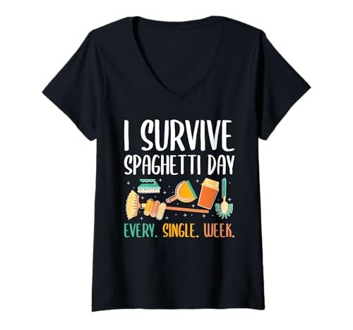 Damen I Survive Spaghetti Day Every Single Week School Custodian T-Shirt mit V-Ausschnitt von Hausmeister Designs Schulwart Idee