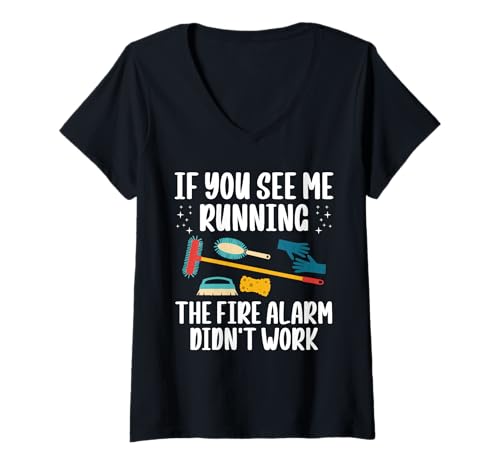 Damen If You See Me Running The Fire Alarm Didnt Work T-Shirt mit V-Ausschnitt von Hausmeister Designs Schulwart Idee