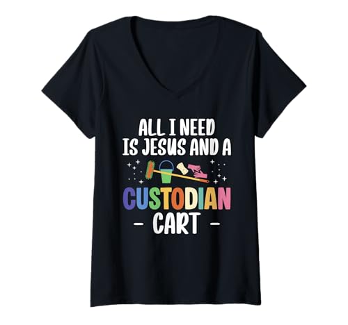 Damen All I Need Is Jesus And A School Custodian Cart Janitor T-Shirt mit V-Ausschnitt Damen All I Need Is Jesus And A School Custodian Cart Janitor T-Shirt mit V-Ausschnitt von Hausmeister Designs Schulwart