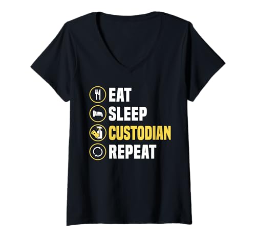 Damen Eat Sleep School Custodian Repeat Janitor T-Shirt mit V-Ausschnitt Damen Eat Sleep School Custodian Repeat Janitor T-Shirt mit V-Ausschnitt von Hausmeister Designs Schulwart