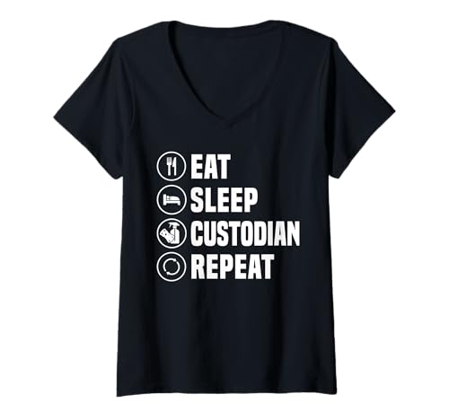 Damen Eat Sleep School Custodian Repeat Janitor T-Shirt mit V-Ausschnitt Damen Eat Sleep School Custodian Repeat Janitor T-Shirt mit V-Ausschnitt von Hausmeister Designs Schulwart