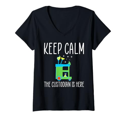 Damen Keep Calm The School Custodian Is Here Janitor T-Shirt mit V-Ausschnitt Damen Keep Calm The School Custodian Is Here Janitor T-Shirt mit V-Ausschnitt von Hausmeister Designs Schulwart