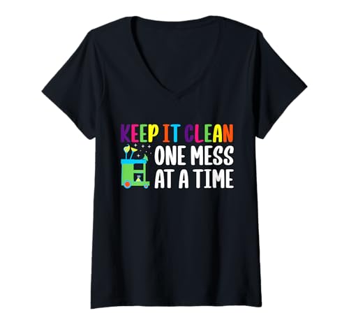 Damen Keep It Clean One Mess At A Time School Custodian Janitor T-Shirt mit V-Ausschnitt Damen Keep It Clean One Mess At A Time School Custodian Janitor T-Shirt mit V-Ausschnitt von Hausmeister Designs Schulwart