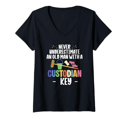 Damen Never Underestimate An Old Man With A Custodian Key T-Shirt mit V-Ausschnitt Damen Never Underestimate An Old Man With A Custodian Key T-Shirt mit V-Ausschnitt von Hausmeister Designs Schulwart