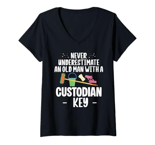 Damen Never Underestimate An Old Man With A Custodian Key T-Shirt mit V-Ausschnitt Damen Never Underestimate An Old Man With A Custodian Key T-Shirt mit V-Ausschnitt von Hausmeister Designs Schulwart