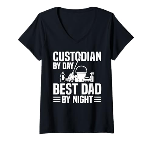 Damen School Custodian By Day Best Dad By Night Fathers Day T-Shirt mit V-Ausschnitt Damen School Custodian By Day Best Dad By Night Fathers Day T-Shirt mit V-Ausschnitt von Hausmeister Designs Schulwart