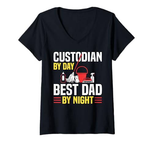 Damen School Custodian By Day Best Dad By Night Fathers Day T-Shirt mit V-Ausschnitt Damen School Custodian By Day Best Dad By Night Fathers Day T-Shirt mit V-Ausschnitt von Hausmeister Designs Schulwart