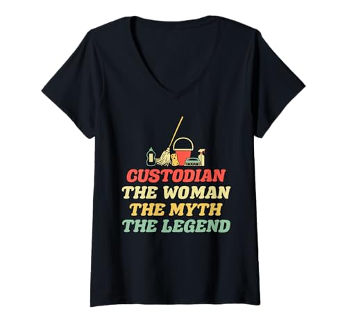 Damen School Custodian Janitor The Woman The Myth The Legend T-Shirt mit V-Ausschnitt von Hausmeister Designs Schulwart