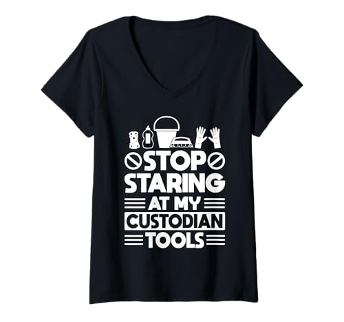 Damen Stop Staring At My School Custodian Tools Janitor T-Shirt mit V-Ausschnitt Damen Stop Staring At My School Custodian Tools Janitor T-Shirt mit V-Ausschnitt von Hausmeister Designs Schulwart