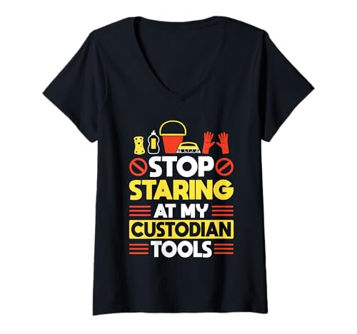 Damen Stop Staring At My School Custodian Tools Janitor T-Shirt mit V-Ausschnitt Damen Stop Staring At My School Custodian Tools Janitor T-Shirt mit V-Ausschnitt von Hausmeister Designs Schulwart