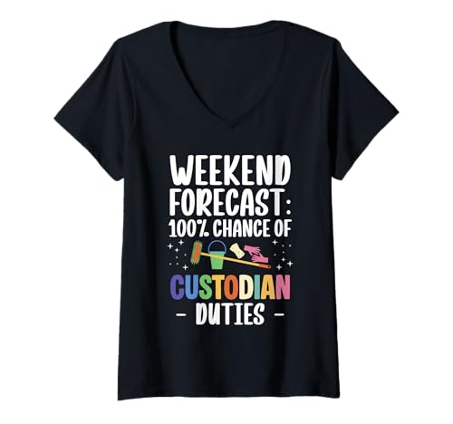 Damen Weekend Forecast 100% Chance Of School Custodian Duties T-Shirt mit V-Ausschnitt Damen Weekend Forecast 100% Chance Of School Custodian Duties T-Shirt mit V-Ausschnitt von Hausmeister Designs Schulwart