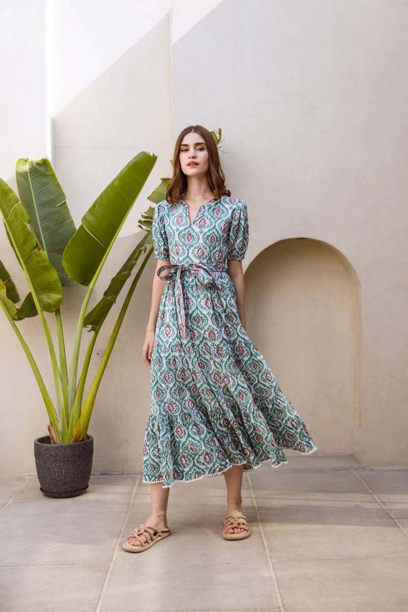 Block-Print Kleid | Weiches Baumwollkleid Langes Sommerkleid Ballonärmelkleid Baumwolle Maxi Urlaubskleid Abendkleid von HausofNamaste