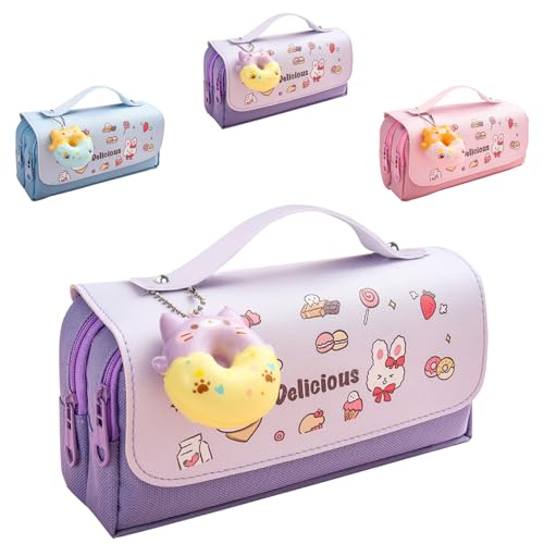 Lila Federmäppchen mit 3 Fächern, Mäppchen Mädchen mit Niedlicher Anhänger, Bleistiftbox, Federmappe, Federtaschen, Schreibwarenbeutel, Schule Teenager Geschenk, Schule Große Kapazität Pencil Case von HautStore