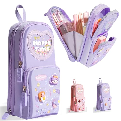 Lila Rucksack Federmäppchen mit 3 Fächern, Mäppchen Mädchen mit Niedlicher Anhänger, Bleistiftbox, Federmappe, Federtaschen, Schreibwarenbeutel, Schule Teenager Geschenk, Große Kapazität Pencil Case von HautStore