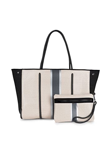 Haute Shore Greyson Cult Neopren-Tragetasche Handtasche, Cremefarben mit Anthrazit und silberfarbenen Streifen, Einheitsgröße von Haute Shore