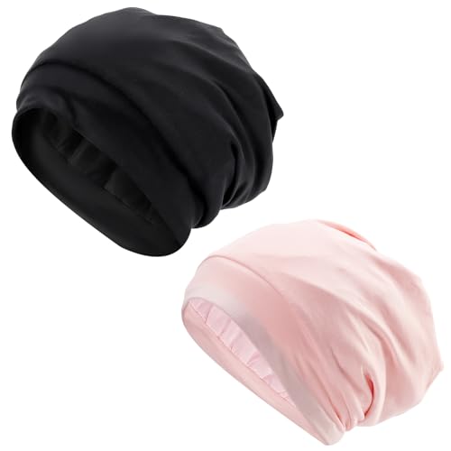 Hautton 2 Stück Doppelseitige Satinhaube, Nachtmütze zum Schlafen, Seidenhaar Kopfbedeckung für Frauen Männer Teens Locken Zöpfe lange Haare -Schwarz/Rosa von Hautton